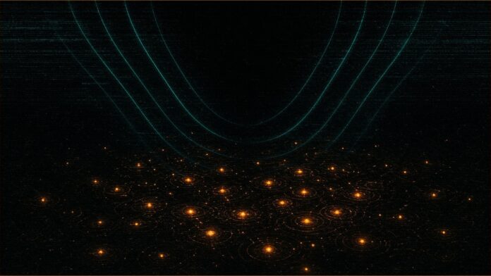 Illustration of teal signal arcs descending onto scattered amber points of light.