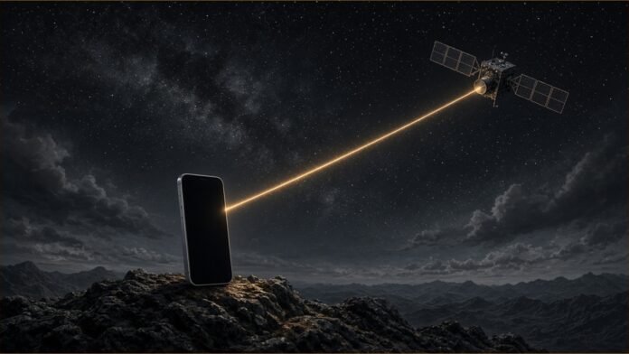 Starlink Mobile Passes 11M VEON Customers | TSN Illustration of a smartphone on a ridge linked by a beam to a satellite.