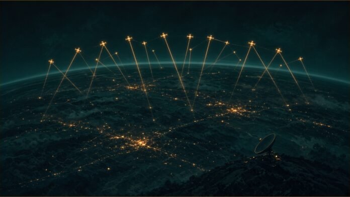 Satellites in low orbit beaming signals down to night-time city lights and a ground dish.