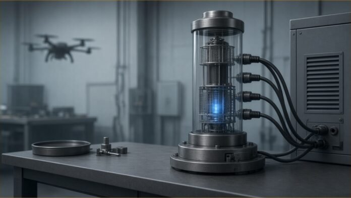 Illustration of a glowing vacuum tube on a lab bench wired to a power cabinet, with a drone behind