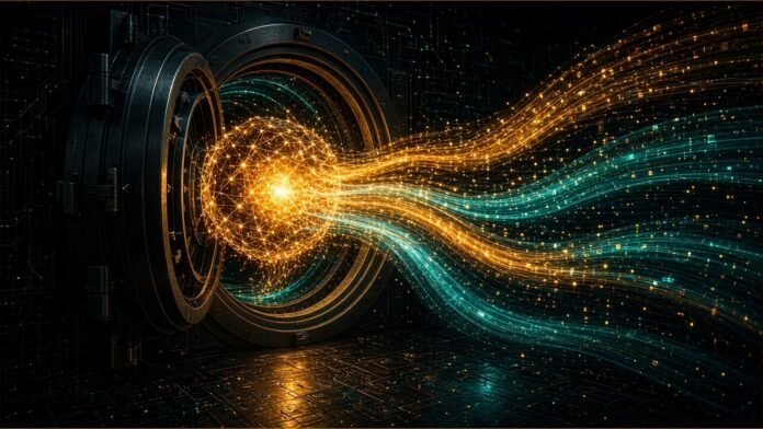 Lattice of dark expert nodes around a smaller lit core, wrapped by a long glowing context ribbon