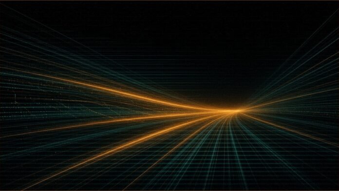 STMicro Expects $1.3bn AI Data-Centre Revenue | TSN Illustration of amber beams converging along a teal lattice of light channels.