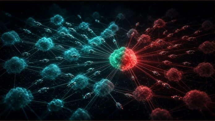 Illustration of a swarm of small robotic agents streaming through a network towards a central node turning from green to red