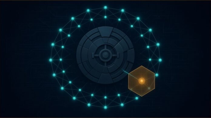 Straiker: Gang Ran Claude and Grok Agents on Banks | TSN Illustration of a ring of glowing teal network nodes around a stylised vault door, with an amber hexagonal shield cutting one link