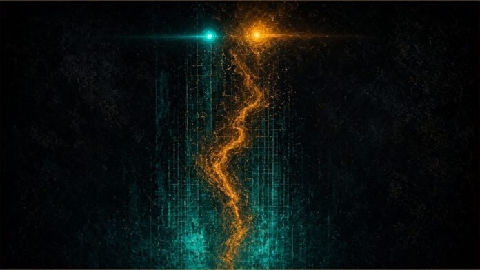 Strategy Bitcoin Gain Hits $20.9bn as CFO Kang Exits | TSN Illustration of Strategy bitcoin gain concept in teal and amber: an amber surge climbing a teal lattice column, with a teal light handing over to an amber light at the top.