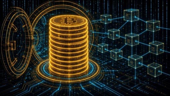 Glowing stack of neon coins in a digital vault beside linked blockchain blocks