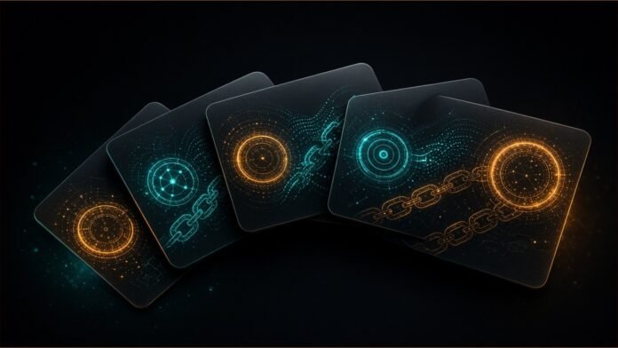 Illustration: a translucent payment card split into five glowing currency-coloured bands, stablecoin hexagons flowing into it from a dark grid.