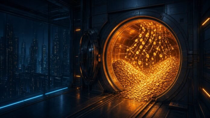 Glowing vault filling with bitcoin in a corporate tower at night