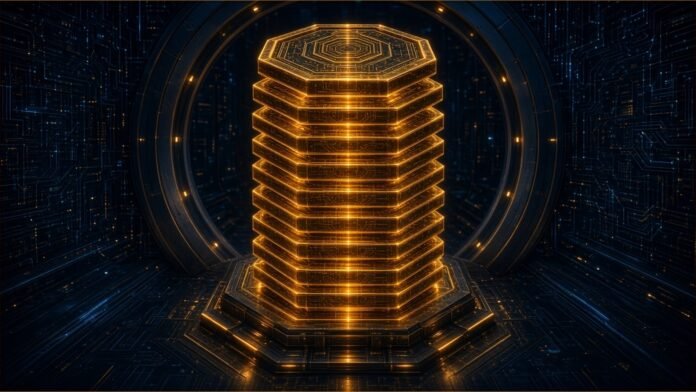 Strive Prices Upsized SATS Preferred, Raising About $630m A tower of glowing amber hexagonal coins inside a circuit vault.