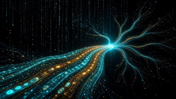 Long ribbon of glowing data tokens converging into a branching decision node