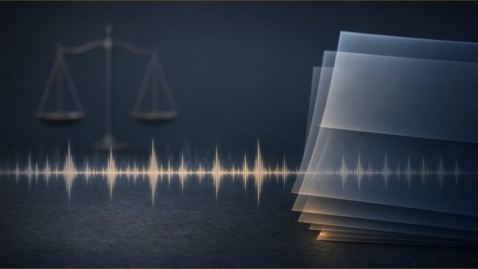 Illustration of a faint amber audio waveform running into a stack of translucent blank pages, with a balance scale in shadow behind