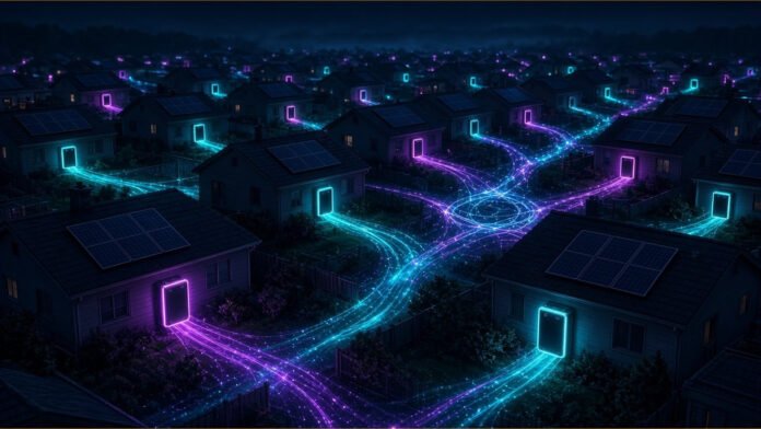 Night grid of house outlines each with a glowing battery cell, streams of light running to a transmission hub