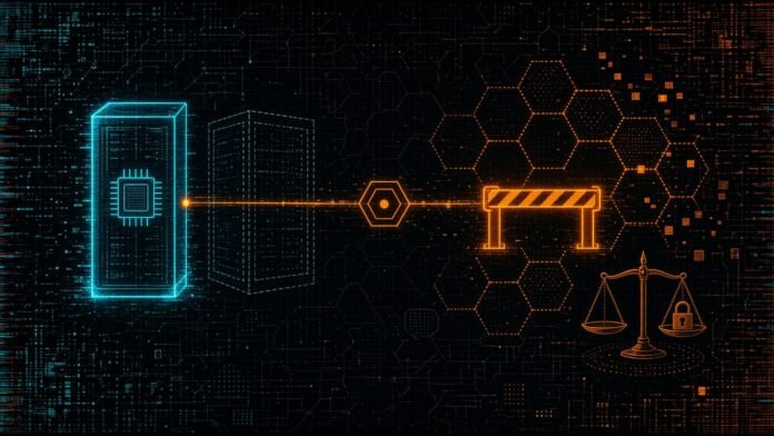 Symbol-only illustration of a server rack wired through a hexagon node to a distant hexagon cluster with a barrier gate across the wire, a dashed empty rack beside it, and scales of justice with a padlock at the lower right.