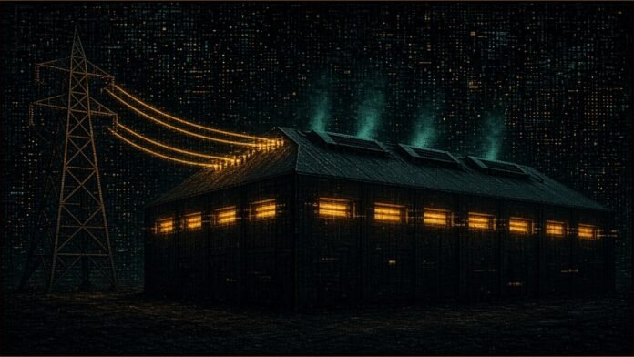 SWI Compute Plans 30MW NVIDIA AI Factory in UK | TSN Illustration of a long low warehouse block with glowing amber rack slots, fed by three amber power lines from a lattice pylon, teal haze rising from its roof