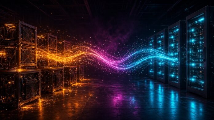 SWI Group Raises €800M to Turn a Bitcoin Miner Into AI Sites Symbol-only illustration of amber-lit mining rigs on one side of a dark hall and cyan AI server racks on the other, linked by a glowing wave of data.