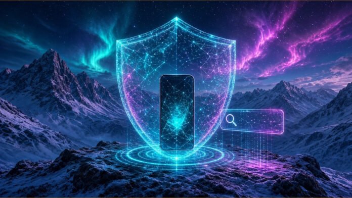 Switzerland Plans Youth Protection Rules for Big Platforms Glowing search-bar portal and platform towers behind a translucent shield sheltering soft circles of light