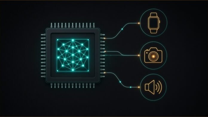 Illustration of a microcontroller with a glowing neural core linked to watch, camera and speaker icons.