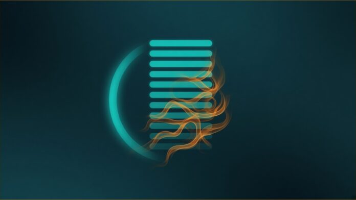 Synology DSM Flaw From 2024 Used in Ransomware Attacks | TSN Illustration of Synology DSM concept in teal and amber: a column of stacked teal light bars wrapped by creeping amber tendrils of light on one side, with a curved teal arc of light around it.