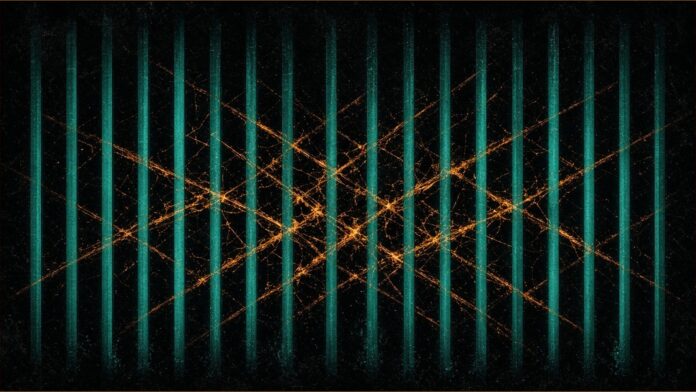 Syrian Electronic Army Hacker Jailed for 42 Months | TSN Illustration of Syrian Electronic Army hacker concept in teal and amber: tangled amber light lines held behind a row of vertical teal light bars.