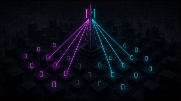 Illustration of a cell tower sending narrow beams of light to phones among dark city blocks.