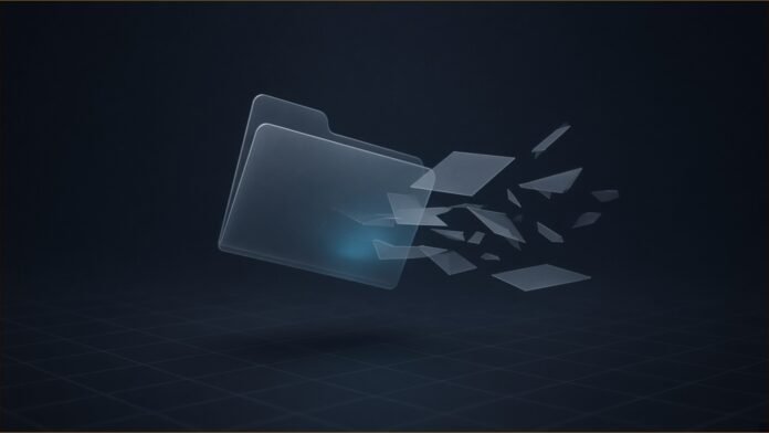 Taekwang Admits OneDrive Account Data Leak | TSN Illustration of a translucent folder tilting in a dark space as blank document shards drift out over a plain grid floor