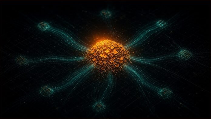 Illustration of a glowing amber cluster of tiny chip-like squares sending teal light streams to smaller clusters on a dark grid