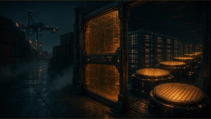 Glowing chip wafers and server racks behind an amber control gate at a shipping dock.