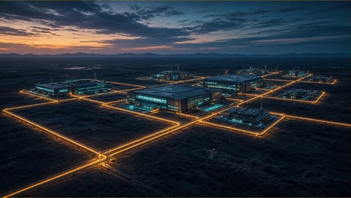 Glowing semiconductor plant buildings linked by amber light lines across a dark plain at dusk.