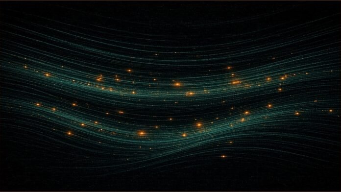 Tata Communications to Lay 10,000km of AI Fibre | TSN Illustration of fine teal light filaments curving across the frame with amber pulses.