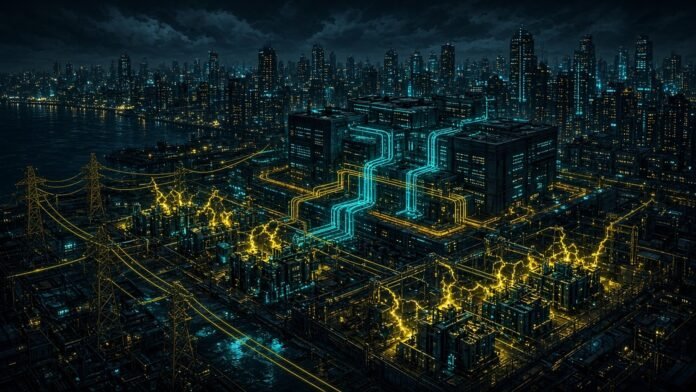 Ring of glowing transmission lines around dark seaside data-centre blocks fed by green energy streams