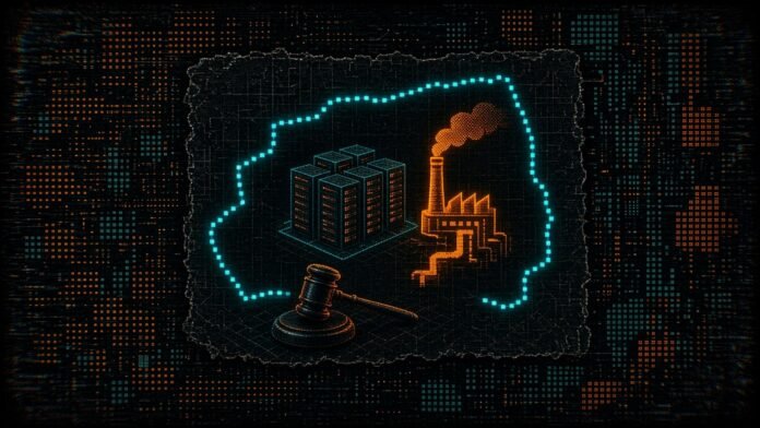 Symbol-only illustration of a dark circuit-grid map tile with a cyan dotted parcel outline left open on one side, server-rack blocks inside it, an orange chimney-and-pipeline glyph beside them and a small gavel resting on the grid below.