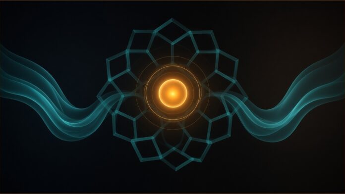 Illustration of tBTC concept in teal and amber: a glowing amber sphere ringed by thin orbits, held still inside a translucent teal hexagonal lattice, with two ribbons of teal light paused on either side.