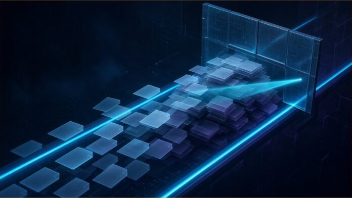 Illustration of glowing blank tiles flowing along a neon conduit and stacking up before a closed translucent gate under a scanning beam