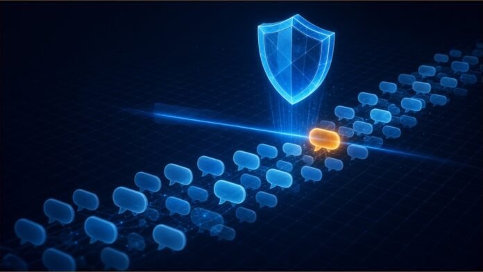 Illustration of a glowing blue shield scanning a stream of blank chat bubbles, with one bubble flagged in amber