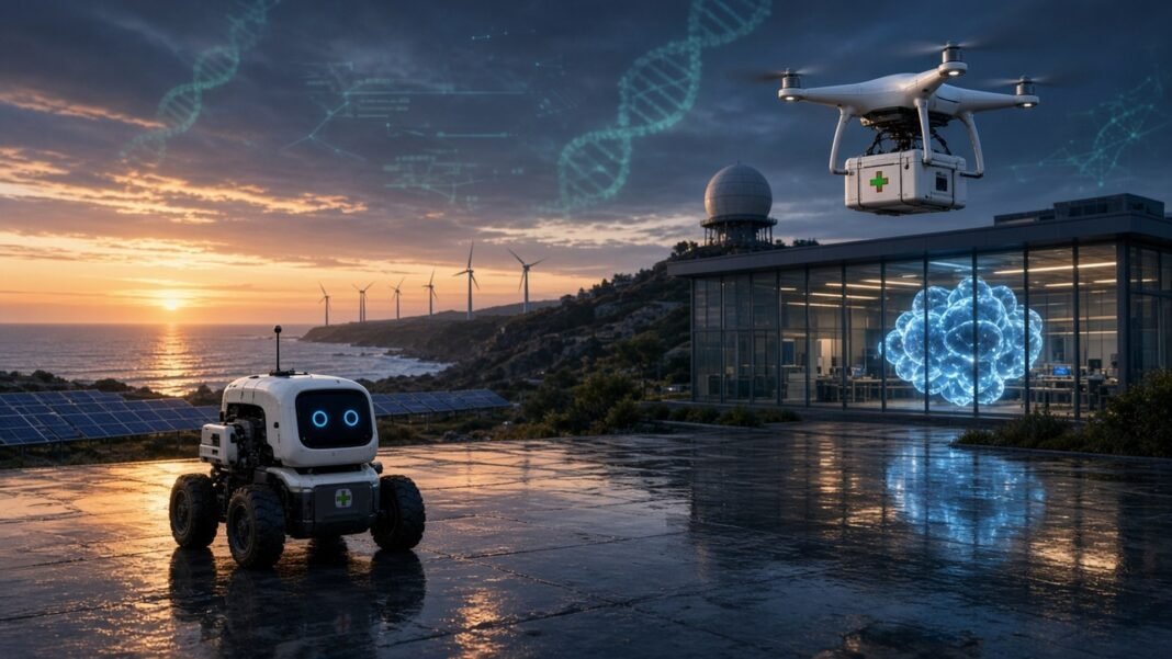 Illustration of a delivery drone carrying a first aid kit, a rescue robot, a laboratory with a glowing protein model and wind turbines on a coast at dusk