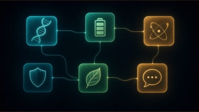 Tech for Good Weekly: AI Diagnosis, Grids, Scams | TSN Illustration of six glowing tiles in teal, green and amber holding simple line motifs, joined by thin luminous lines