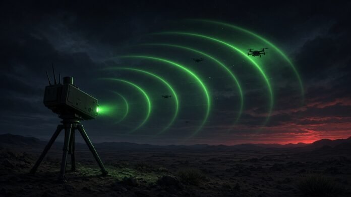 Radar panel sending cyan arcs across a night sky toward a targeted drone