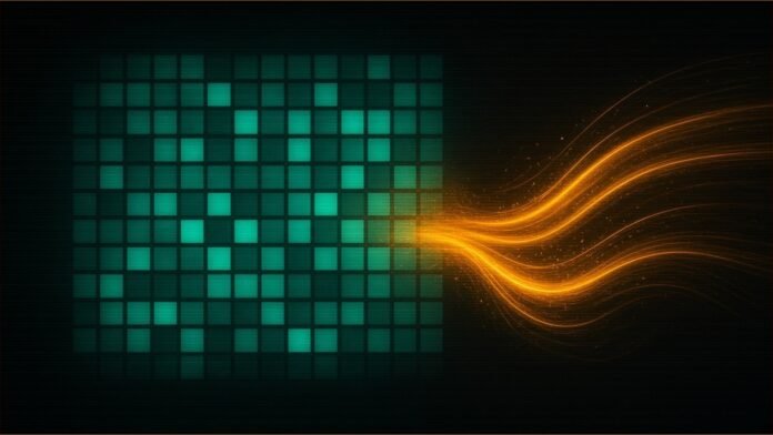 Illustration of an amber current flowing into a grid of glowing teal cells.