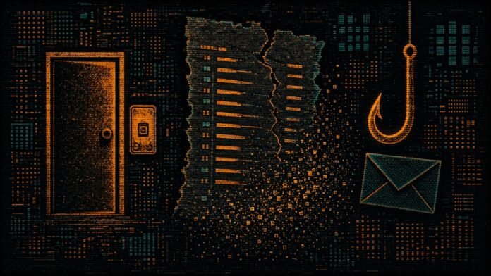 Symbol-only illustration of a cyan hotel-door and key-card glyph beside a cracked booking-ledger glyph with rows drifting away as particles, and a magenta envelope with a hook glyph, on a dark circuit grid.