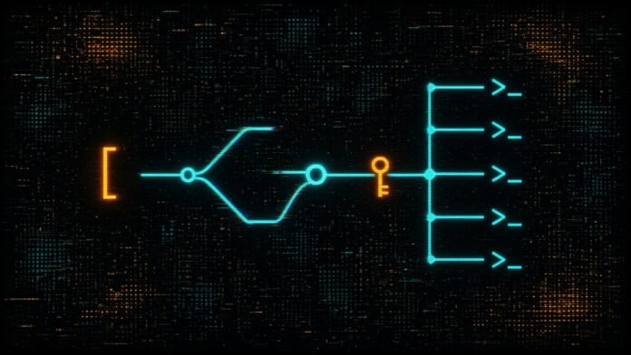 Illustration of a Git branch merging at a central node and feeding five identical terminal prompts on a dark circuit grid.
