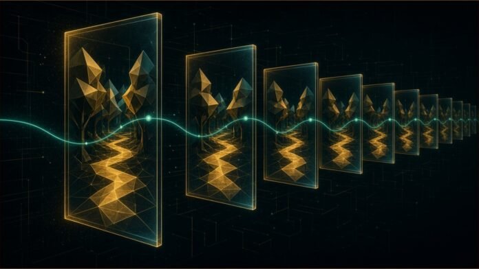 Illustration of a chain of glowing frames, each holding the same geometric forest path, joined by a teal camera-path line