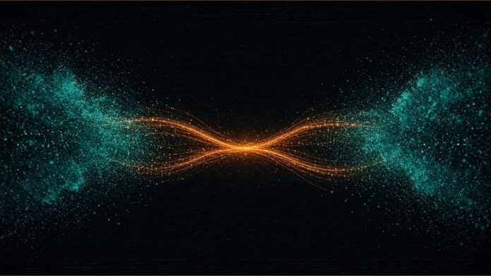 Illustration of two teal particle clouds sending amber streams that meet in the centre.