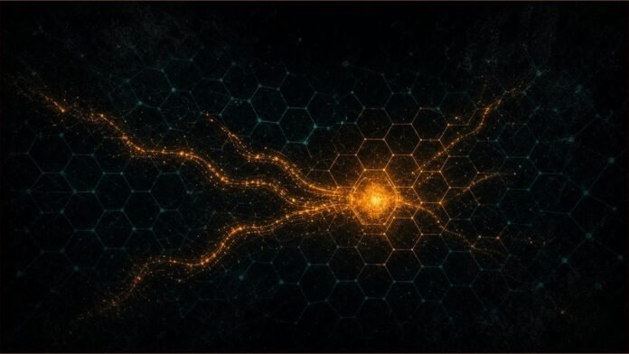 Illustration of Tencent WorkBuddy concept in teal and amber: a teal hexagonal mesh with amber pulses travelling along its links toward a bright amber core.