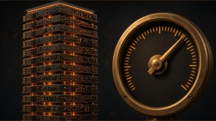 Illustration of stacked AI accelerator cards forming a tower beside a gauge.
