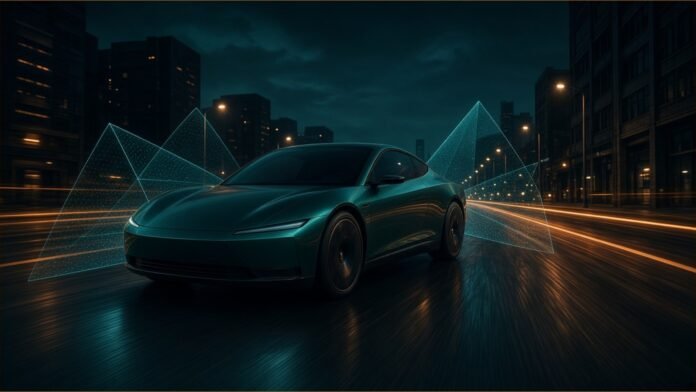 Tesla Austin Robotaxi Hours Extended to Midnight | TSN A driverless car on an empty city street at night, with wireframe sensor cones and light trails.