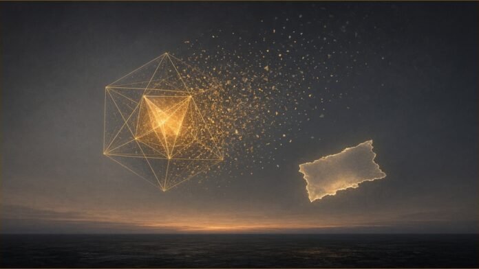 Illustration of a glowing gold wireframe polyhedron dissolving into drifting particles above a dark horizon at dusk, with a torn rectangle of light floating away