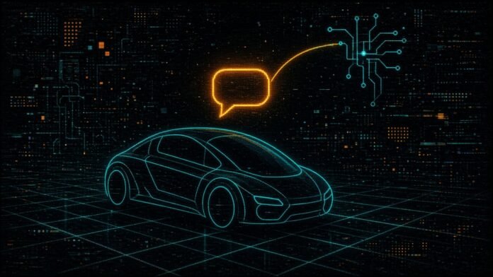 Symbol-only illustration of an unbranded car drawn in cyan wireframe on a grid road, with a glowing orange chat bubble above it linked by an arc to a circuit node in the sky.