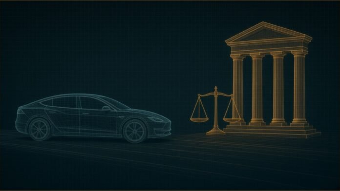 A wireframe car beside a courthouse facade and a balance scale.