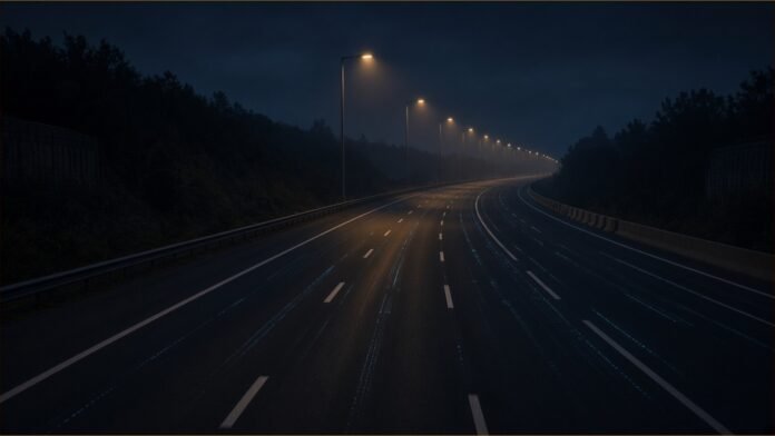 Tesla Driver Says FSD Was On in Fatal I-80 Crash | TSN Illustration of an empty multi-lane freeway at night under a line of amber streetlights, with faint cyan lines along the lanes