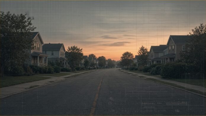 Illustration: an aerial view of a dark divided highway at dawn with a grass median, beneath a faint grey steering-wheel outline over a redacted data bar, in muted blues and greys.